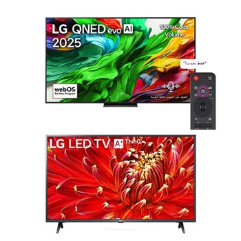 صورة أمامية لـ تلفزيون LG QNED evo AI QNED86 MiniLED 4k Smart TV 2025 الذكي مقاس 75 بوصة + سلاسل تلفزيون LED الذكي مقاس 43 بوصة LM6370 من LG، تلفزيون LED الذكي بتقنية Full HD HDR، تلفزيون w/ThinQ AI 75QNED86A6A.43LM638