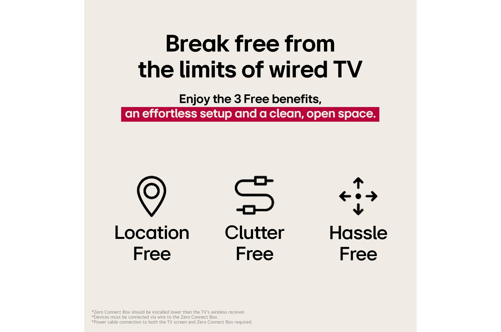 ثلاثة رموز تمثل المزايا المجانية الثلاثة من تلفزيون LG True Wireless TV. تلفزيون لا يشغل مساحة، ويخلصك من فوضى الأسلاك، وسهل التعامل والتركيب. يشير النص إلى التحرر من حدود التلفزيون السلكي والاستمتاع بإعداد سهل ومساحة مفتوحة ونظيفة.