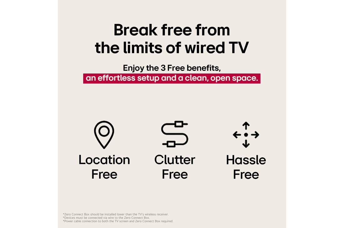 ثلاثة رموز تمثل المزايا المجانية الثلاثة من تلفزيون LG True Wireless TV. تلفزيون لا يشغل مساحة، ويخلصك من فوضى الأسلاك، وسهل التعامل والتركيب. يشير النص إلى التحرر من حدود التلفزيون السلكي والاستمتاع بإعداد سهل ومساحة مفتوحة ونظيفة.