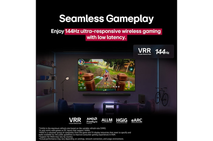 A dimly lit living room with a game screen depicted on the QNED9M. Zero Connect Box sits inside a coffee table. Text talks about 144Hz ultra-responsive wireless gaming with low latency.