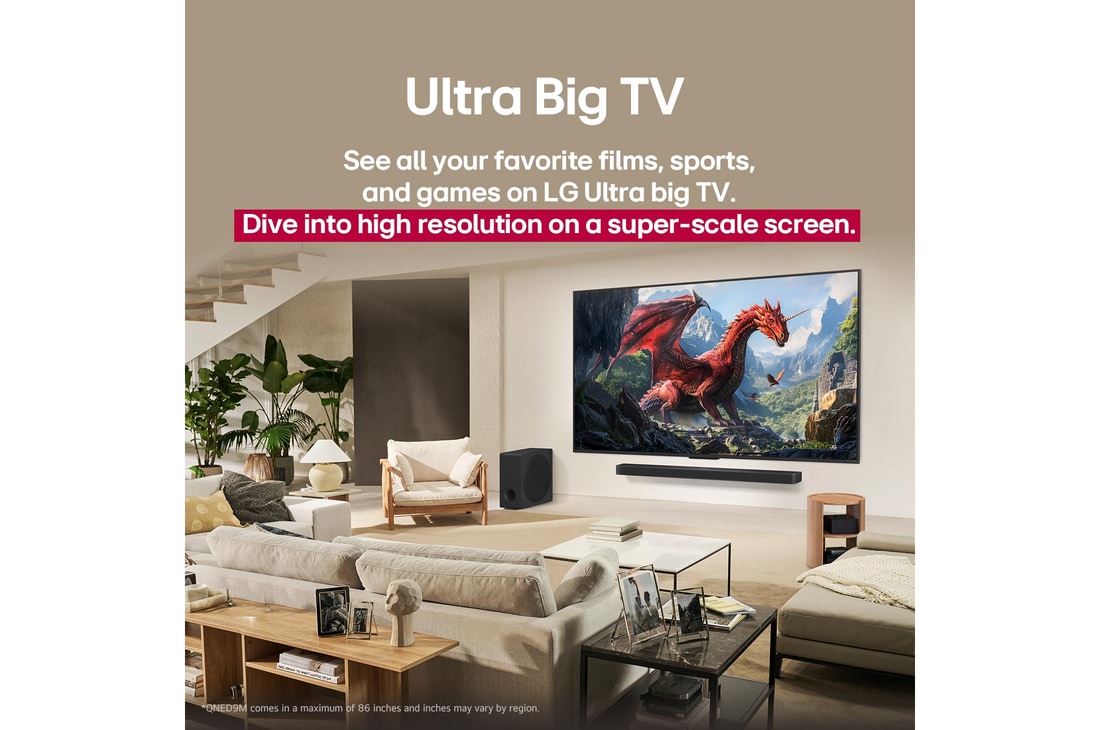 A family sits on a couch facing a LG QNED TV mounted on a wall above a LG Soundbar with a little girl pointing to a screen depicting two dolphins. The title talks about how every action is more thrilling on a massive screen.