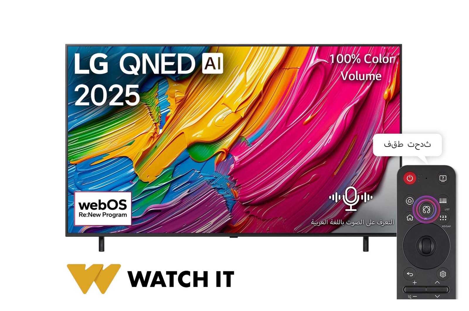 صورة أمامية لـ تلفزيون LG QNED AI QNED80 4K Smart TV مقاس 65 بوصة المدعوم بجهاز التحكم AI Magic remote وميزة HDR10 وواجهة webOS25 طراز عام 2025  65QNED80A6A
