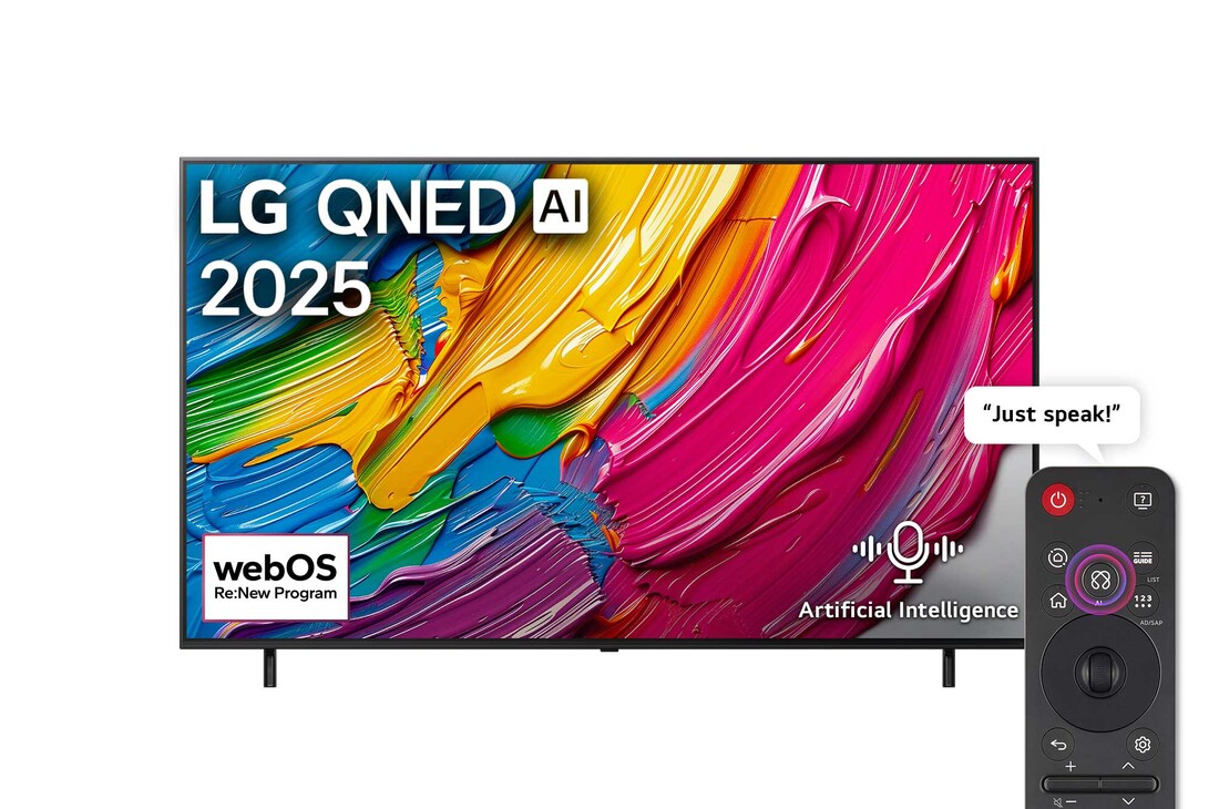 صورة أمامية لتلفزيون LG QNED80 TV وشعار LG QNED Al في الزاوية العلوية. يصور تلفزيون LG QNED TV أنسجة الطلاء الملونة التي تجتمع معًا.