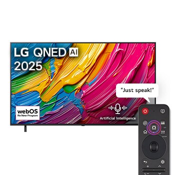 صورة أمامية لتلفزيون LG QNED80 TV وشعار LG QNED Al في الزاوية العلوية. يصور تلفزيون LG QNED TV أنسجة الطلاء الملونة التي تجتمع معًا.