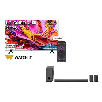 صورة أمامية لـ تلفزيون LG QNED evo AI QNED91 MiniLED الذكي مقاس 85 بوصة بدقة 4K 144Hz VRR ومدعوم بجهاز التحكم AI Magic remote وواجهة webOS25 طراز عام 2025 + مكبر صوت LG Soundbar S80TR للتلفزيون مع تقنية Dolby Atmos و5.1.3 قناة 85QNED91A6A.S80TR