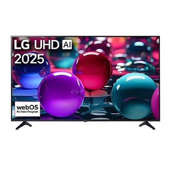 صورة أمامية لتلفزيون UHD UA73 TV، وشعار LG UHD Al في الزاوية العلوية. يصور تلفزيون LG UHD TV أنسجة الطلاء الملونة التي تجتمع معًا.