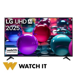 صورة أمامية لتلفزيون UHD UA73 TV، وشعار LG UHD Al في الزاوية العلوية. يصور تلفزيون LG UHD TV أنسجة الطلاء الملونة التي تجتمع معًا.