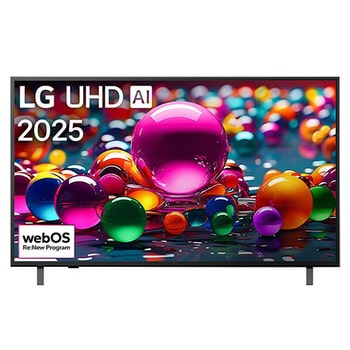صورة أمامية لتلفزيون UHD UA80 TV، وشعار LG UHD Al في الزاوية العلوية. يصور تلفزيون LG UHD TV أنسجة الطلاء الملونة التي تجتمع معًا.