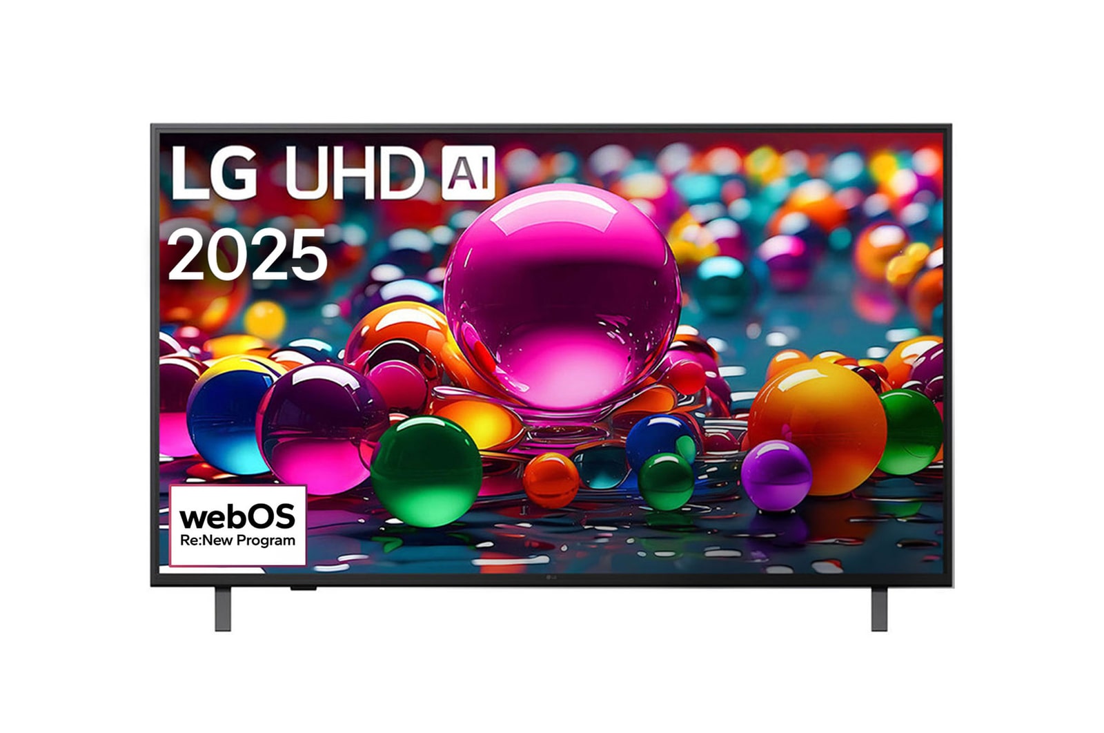 صورة أمامية لتلفزيون UHD UA80 TV، وشعار LG UHD Al في الزاوية العلوية. يصور تلفزيون LG UHD TV أنسجة الطلاء الملونة التي تجتمع معًا.