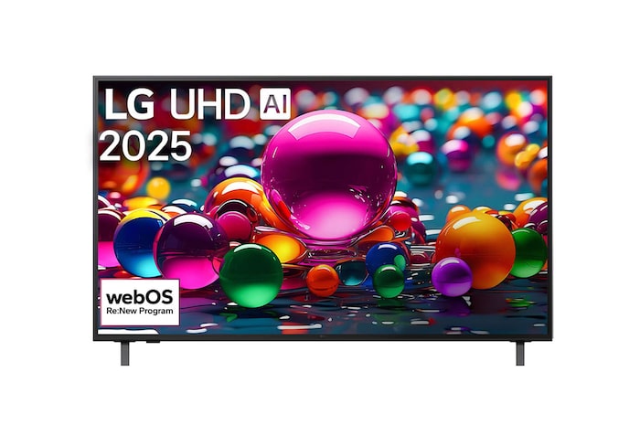 صورة أمامية لتلفزيون UHD UA80 TV، وشعار LG UHD Al في الزاوية العلوية. يصور تلفزيون LG UHD TV أنسجة الطلاء الملونة التي تجتمع معًا.