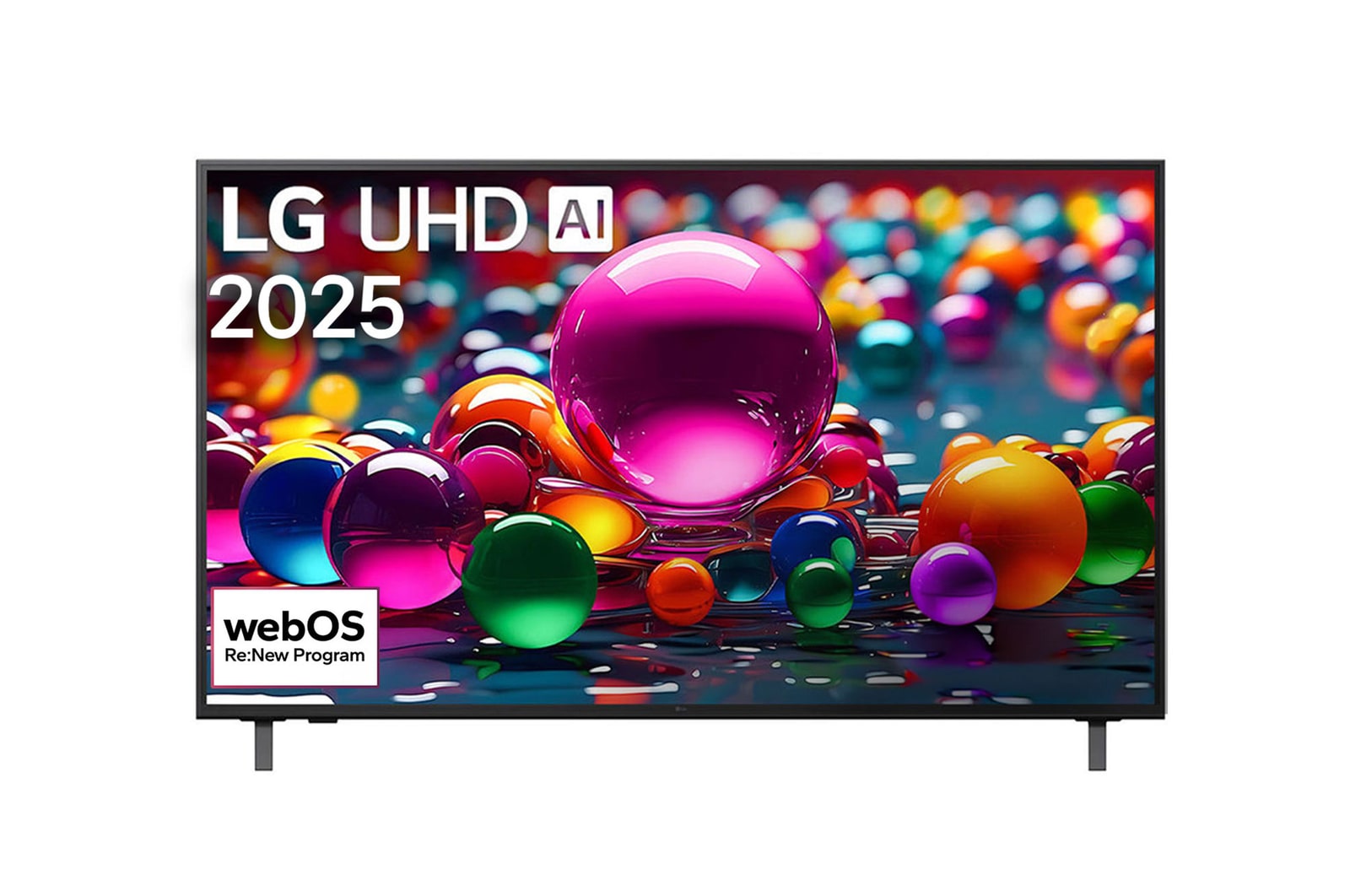 صورة أمامية لتلفزيون UHD UA80 TV، وشعار LG UHD Al في الزاوية العلوية. يصور تلفزيون LG UHD TV أنسجة الطلاء الملونة التي تجتمع معًا.