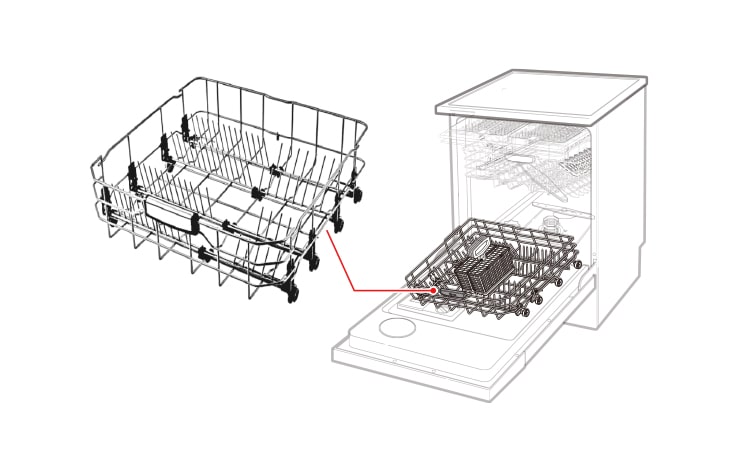 يقع الرف السفلي في الجزء السفلي داخل غسالة الأطباق، ويمكن الوصول إليه عندما يكون الباب مفتوحًا