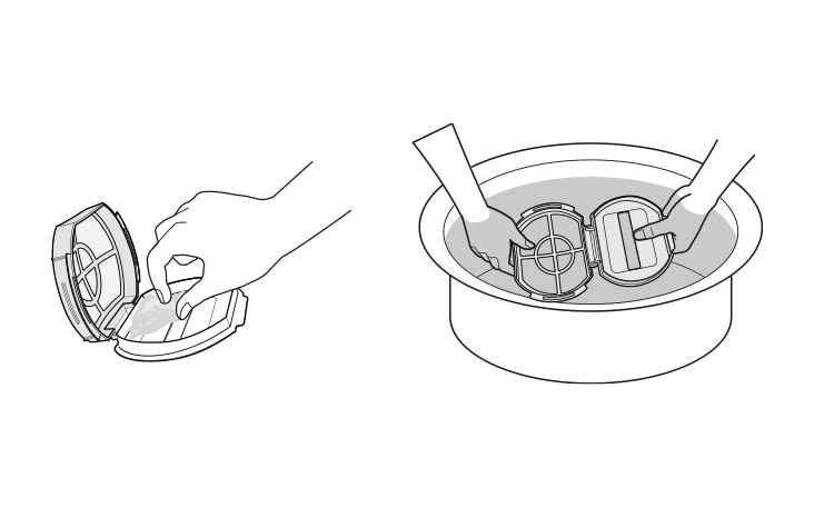 اغمر الفلتر المفتوح في الماء ونظفه بفرشاة ناعمة. دع الرطوبة تجف ثم أغلق الفلتر النظيف