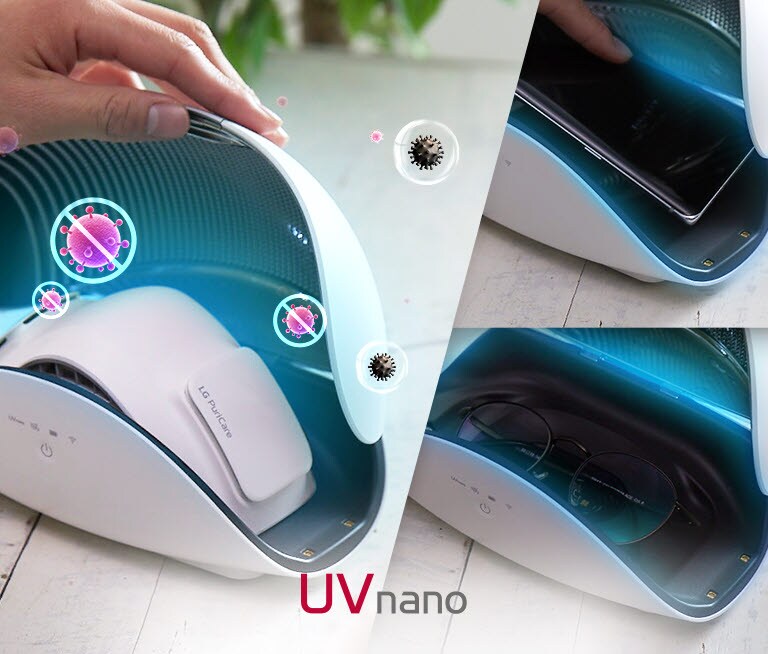 يد تمسك علبة جهاز تنقية الهواء القابل للارتداء LG PuriCare مع وجود جهاز تنقية الهواء القابل للارتداء LG PuriCare في الداخل.  توجد أيقونات بكتيرية متقاطعة تطفو حولها للإشارة إلى أن العلبة تعمل على إزالة البكتيريا.  يوجد شعار UV Nano في أسفل اليمين. 