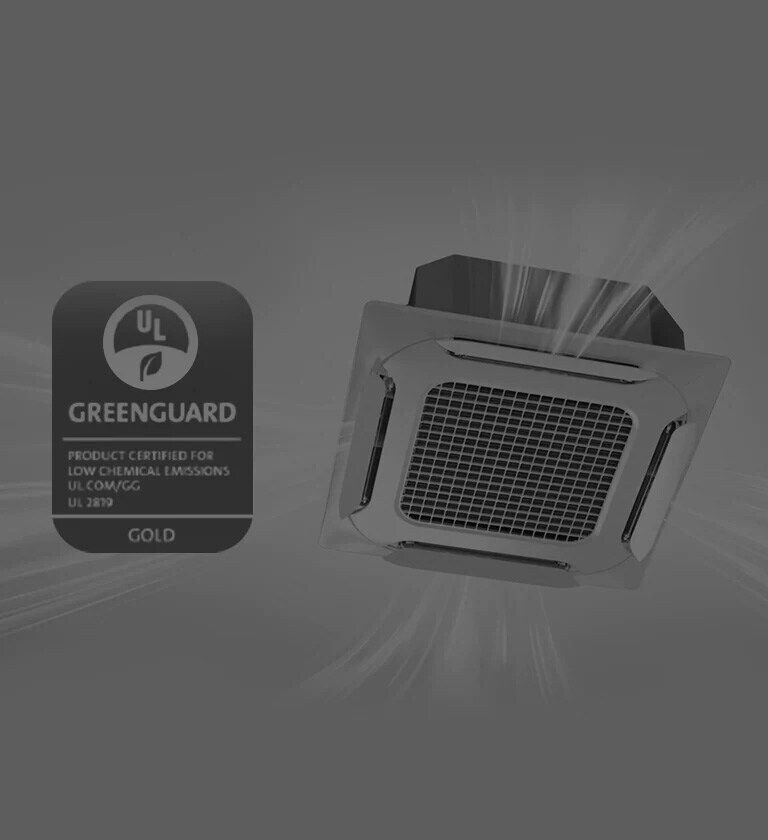 صورة مكيف كاسيت مزدوج الريَش (DUAL Vane Cassette) وشعار شهادة GREENGUARD Gold. 