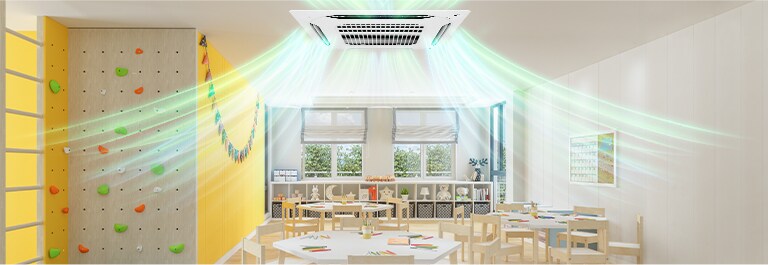 يوفر مكيف الكاسيت ذو الريشة المزدوجة هواءً نظيفًا وباردًا في المكاتب ومراكز التسوق والمدارس ورياض الأطفال، ويغطي ما يصل إلى 142م2.