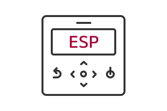 أيقونة واجهة بسيطة مع كلمة "ESP" في مستطيل، محاطة برموز تحكم تشير إلى سهولة التحكم في LG Ceiling Concealed Duct.