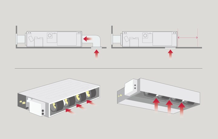 رسم تخطيطي لتدفق هواء LG Ceiling Concealed Duct مع الصورة العلوية التي توضح الاتجاهات الداخلية بالأسهم الحمراء والصورة السفلية التي تبرز مسارات سحب الهواء النقي (fresh air intake) وتدويره بالأسهم الحمراء.