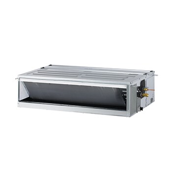 مُكيِّف LG Ceiling Concealed Duct هو عبارة عن أنبوب مستطيل رمادي اللون متوازي الأضلاع مع بعض مداخل الهواء على الجانب الأيمن وفتحة تهوية في الأمام.