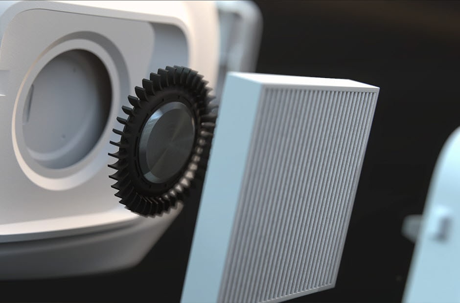 A video opens with a man getting ready in his house. The LG air purifier is beside him pulling in dusty air. The camera zooms inside the fans and the two fans spin and the words "DUAL Fan" appears on the right and the LG logo in the upper left. The parts of the machine separate in the video to show each individual part of the mechanics and then focuses on the air filter and the words "PuriCare Filter" appears. Next the video cuts to the LG PuriCare Wearable Air Purifier with the pieces of the filtration system spread out. The words "Advanced LG air purifying technology" appears in the bottom. The filtration system folds back into the mask and the words "Advanced LG air purifying technology now made wearable" appears at the bottom. The video cuts to the interior side of the mask and shows the filter guard and inner filter and the words "Respiratory Sensor" appears on the right as the sensor glows blue. The video cuts back around to the front and now the man is standing outside wearing the mask that can be seen from the side with a green light glowing indicating it is working. He taps the mask to increase the filtration and steps onto his moped and departs. Next a white background and then the words "Technology that lets you breath easy". Finally the words disappear and the LG PuriCare Wearable Air Purifier logo ends the video.