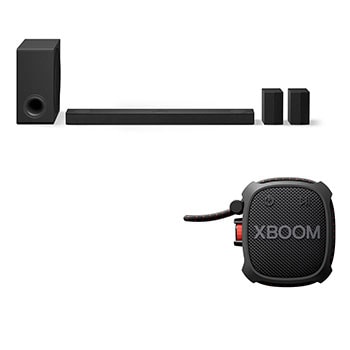صورة أمامية لـ مكبر صوت LG Soundbar S80TR للتلفزيون مع تقنية Dolby Atmos و5.1.3 قناة + مكبر صوت LG XBOOM Go XG2TBK المحمول الذي يعمل بخاصية Bluetooth ومزود ببطارية تدوم 10 ساعات S80TR.XG2TB