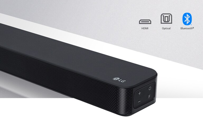 صورة مقربة لمكبر صوت LG من جهة اليمين مع ظهور شعار LG بالزاوية اليمنى السفلية. أيقونات الاتصال موضحة أعلى المنتج.