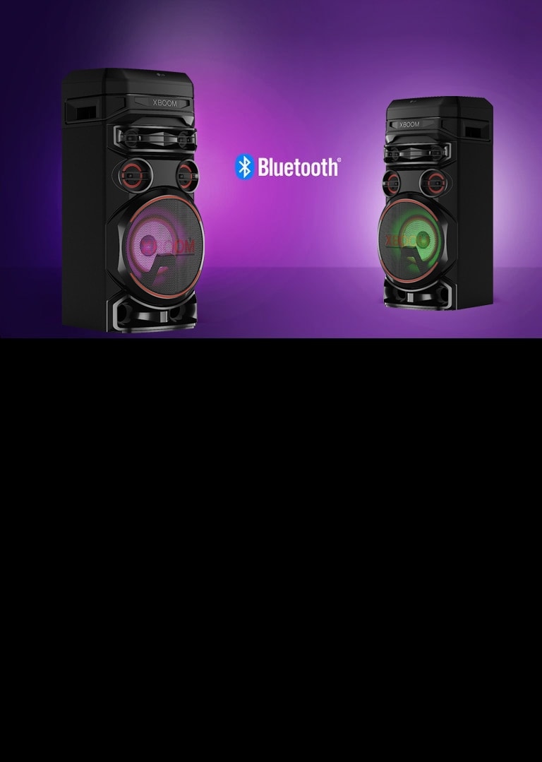 جهازا XBOOM من LG يواجه أحدهما الآخر بزوايا قطرية أمام خلفية أرجوانية مع وجود شعار Bluetooth بينهما.