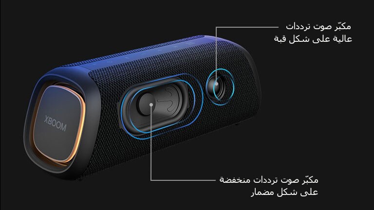 صورة قطرية LG XBOOM Go XG7 تُظهر مكبّر صوت الترددات المنخفضة على شكل مضمار ومكبّر صوت الترددات العالية على شكل قبة.
