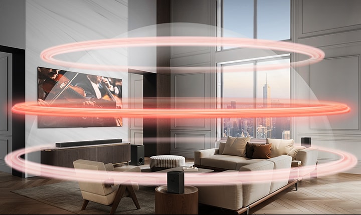 يتواجد مكبر LG Soundbar وتلفزيون LG TV في شقة كبيرة بالمدينة. ثلاثة أشرطة حمراء تصور الطبقات الافتراضية مع طبقة وسطى عريضة تخلق قبة صوتية تغلف الأرائك.