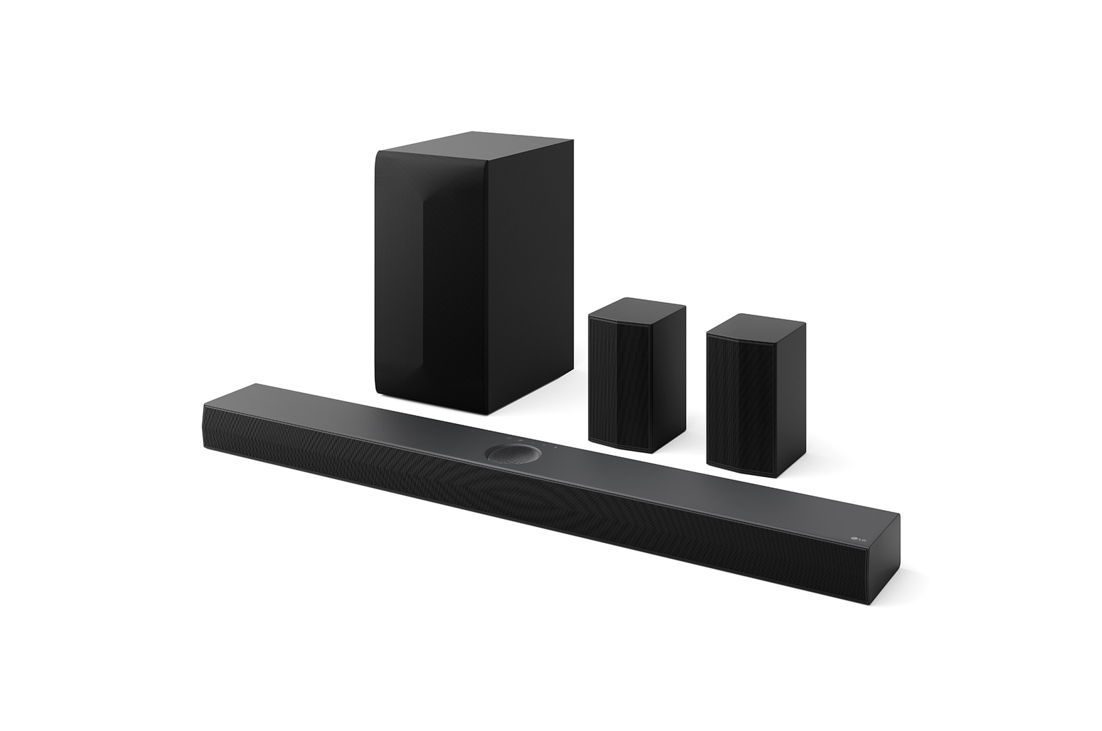 صورة بزاوية لمكبر الصوت LG Soundbar S75TR ومكبر الصوت الفرعي subwoofer ومكبرات الصوت الخلفية
