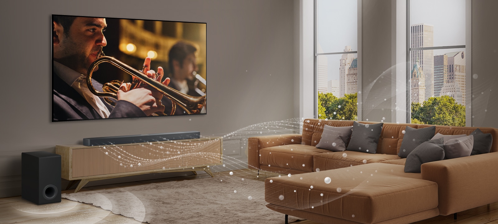 يظهر مكبر LG Soundbar، وتلفزيون LG TV، ومضخم صوت في شقة حديثة بالمدينة. يُصدر مكبر الصوت LG Soundbar ثلاثة فروع من الموجات الصوتية المصنوعة من قطرات بيضاء تطفو على طول الجزء السفلي من الأرض. تنطلق المزيد من الموجات الصوتية البيضاء من أعلى مكبر الصوت soundbar. يوجد بجوار مكبر الصوت Soundbar مضخم صوت يقوم بإنشاء تأثير صوتي من الأسفل. يعملون معًا لإنشاء تأثير كالقبة في كل أرجاء الغرفة.