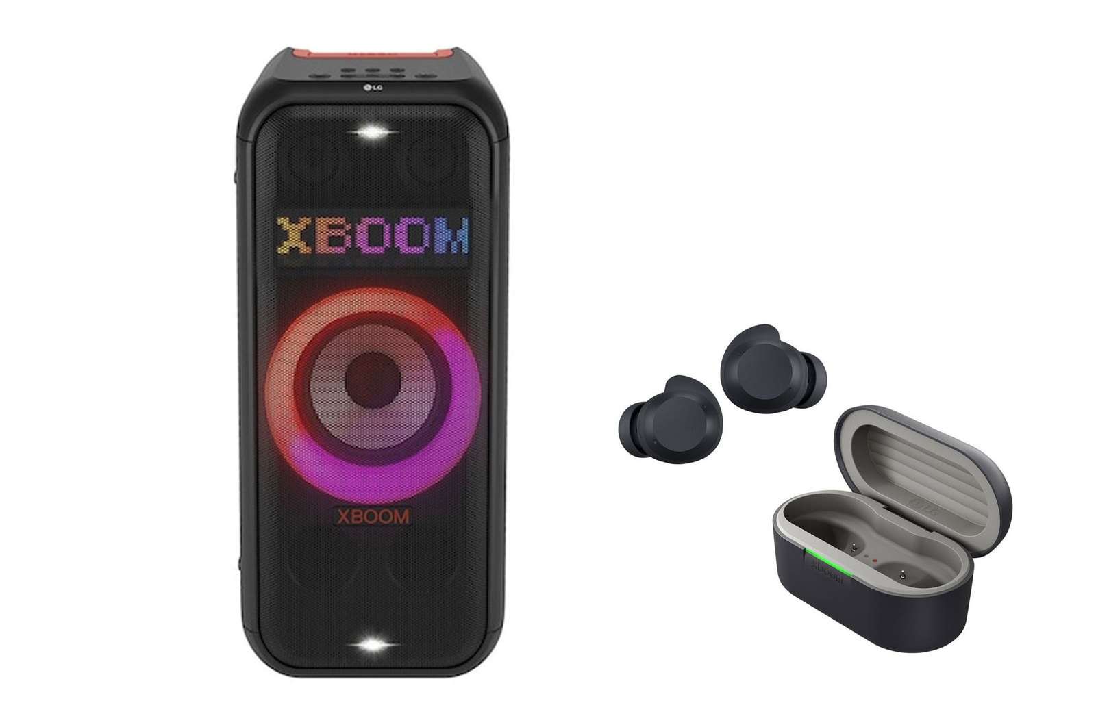 صورة أمامية لـ سماعة حفلات LG 2023 XBOOM XL7T مزودة بتقنية البلوتوث + سماعات الأذن LG xboom Buds من will.i.am | سماعات أذن بتقنية Bluetooth | صوت xboom Signature Sound مع مشغل Graphene XL7T.BUDS