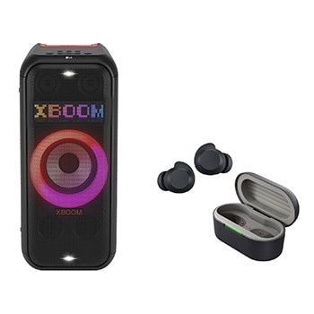 صورة أمامية لـ سماعة حفلات LG 2023 XBOOM XL7T مزودة بتقنية البلوتوث + سماعات الأذن LG xboom Buds من will.i.am | سماعات أذن بتقنية Bluetooth | صوت xboom Signature Sound مع مشغل Graphene XL7T.BUDS