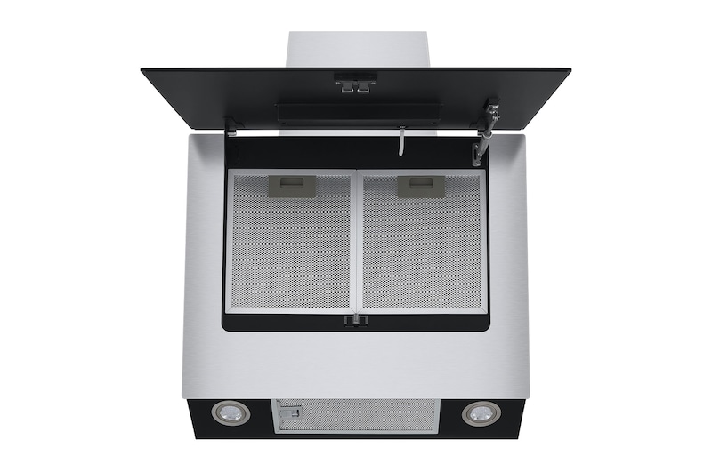 LG شفاط مطبخ عمودي من إل جي، 60 سم، تحكم باللمس، 3 أوضاع طاقة، فلتر ألومنيوم، ستانلس ستيل مع زجاج أسود, HCEZ2428B