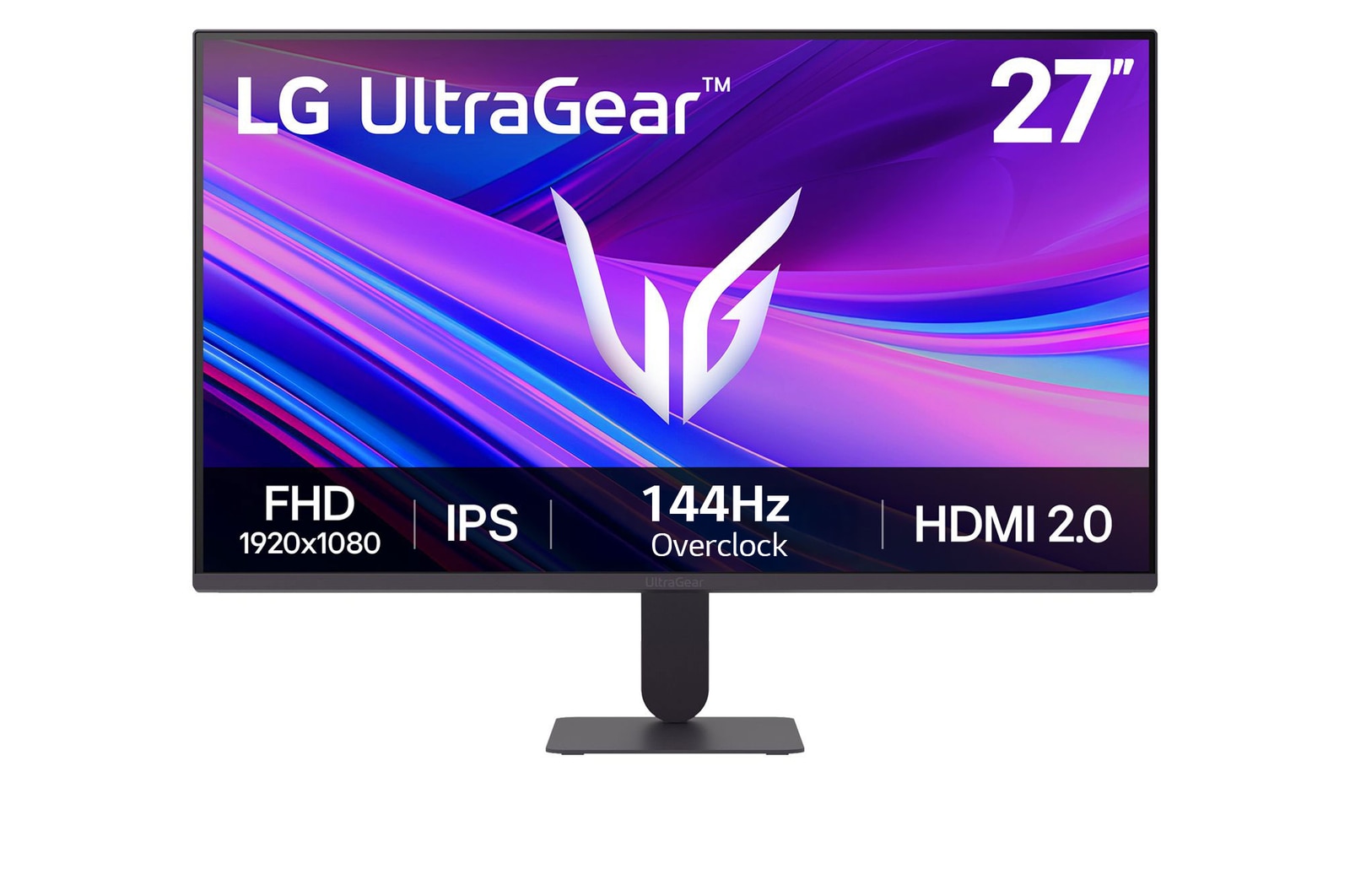 صورة أمامية لـ شاشة ألعاب LG UltraGear™ G4 مقاس 27 بوصة بتقنية IPS ودقة FHD وتردد 144Hz (مع إمكانية رفع التردد)، الطراز 27G411A، ومتوافقة مع تقنية® NVIDIA G-SYNC ، وتغطية SRGB 99% (قياسي). 27G411A-B