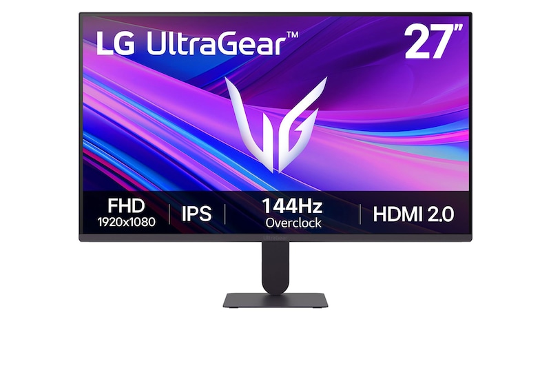 صورة أمامية لـ شاشة ألعاب LG UltraGear™ G4 مقاس 27 بوصة بتقنية IPS ودقة FHD وتردد 144Hz (مع إمكانية رفع التردد)، الطراز 27G411A، ومتوافقة مع تقنية® NVIDIA G-SYNC ، وتغطية SRGB 99% (قياسي). 27G411A-B