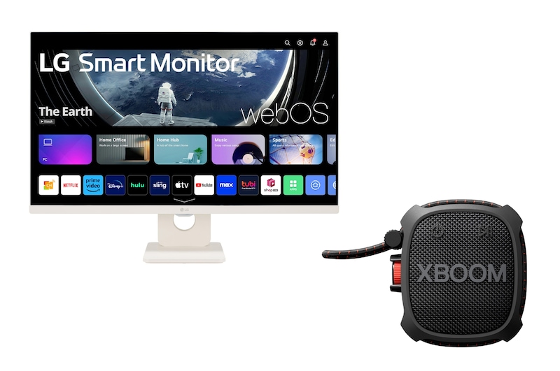 صورة أمامية لـ شاشة IPS Smart Monitor بدقة Full HD ومقاس 27 بوصة مع webOS + مكبر صوت LG XBOOM Go XG2TBK المحمول الذي يعمل بخاصية Bluetooth ومزود ببطارية تدوم 10 ساعات 27U511SA-W.XG2T001