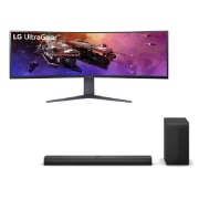 صورة أمامية لـ شاشة UltraGear™ DQHD المنحية مقاس 45 بوصة بمعدل تحديث 200Hz + مكبر صوت LG Soundbar S70TY للتلفزيون مع تقنية Dolby Atmos و3.1.1 قناة 45GR75DC-B.S70T001