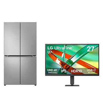 صورة أمامية لـ 27.2 قدمًا، ثلاجة متعددة الابواب، حجم كبير + شاشة UltraFine™ U7 مقاس 27 بوصة بدقة UHD 4K IPS LM334BBSLF.27U730