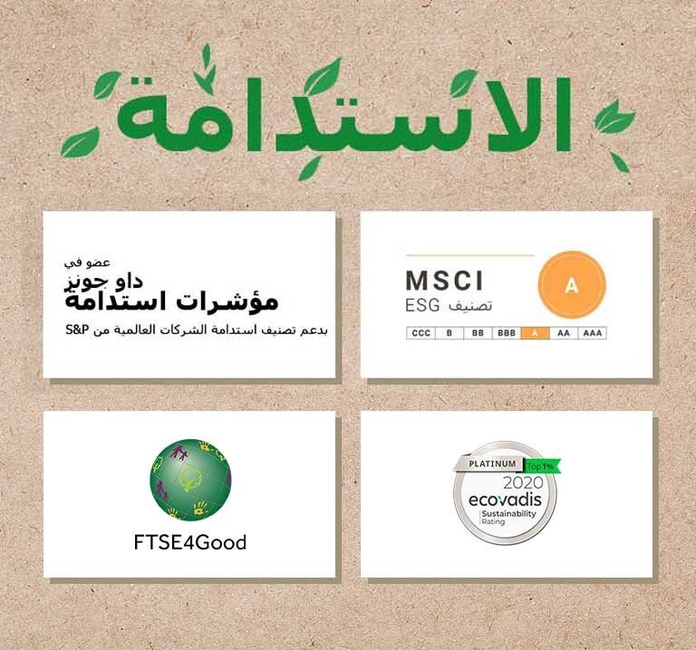 شعار مؤشرات استدامة داو جونز شعار FTSE4Good. شعار تصنيف إيكوفاديس للاستدامة. شعار تصنيف MSCI ESG.