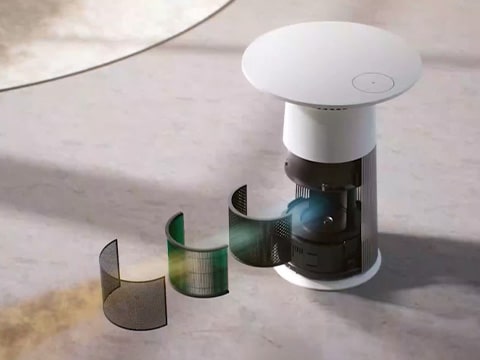 A 3D graphic image showing air being filtered with the product's filter part detached.