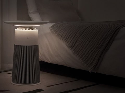 The mood light at the bottom of the cover of the Aero Furniture is on.