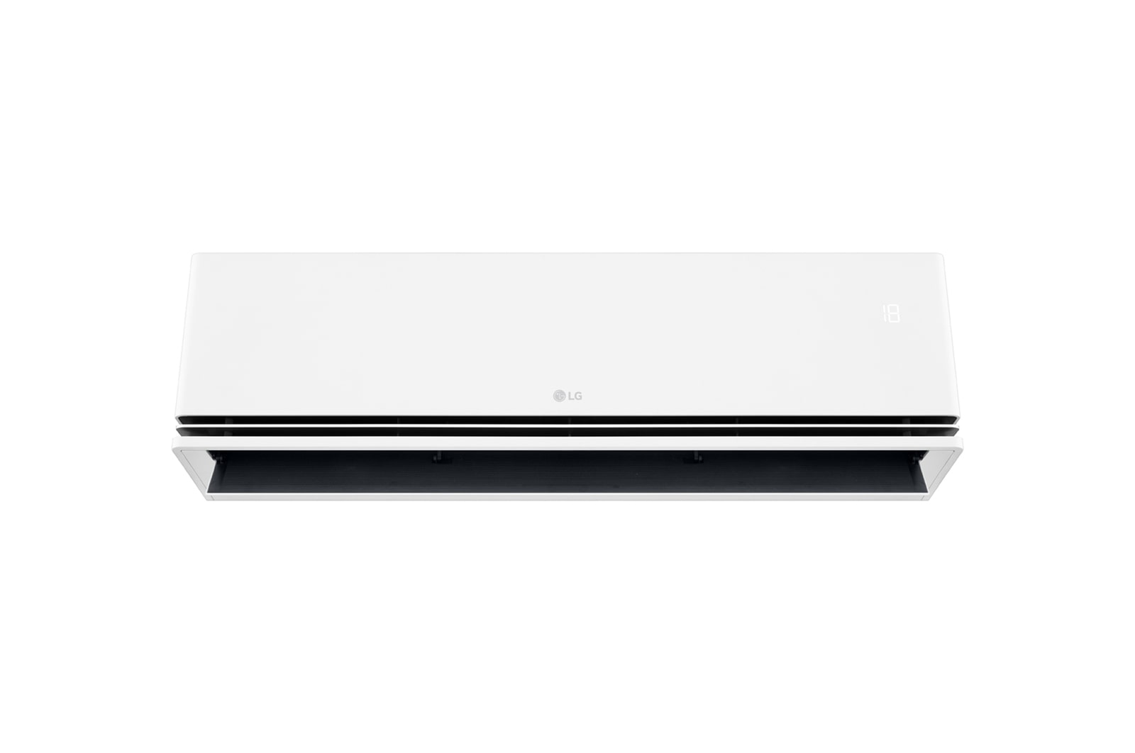 Front view of an LG air conditioner with the lower vane open