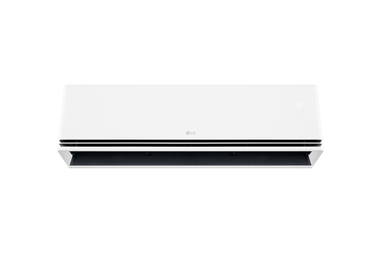 Front view of an LG air conditioner with the lower vane open
