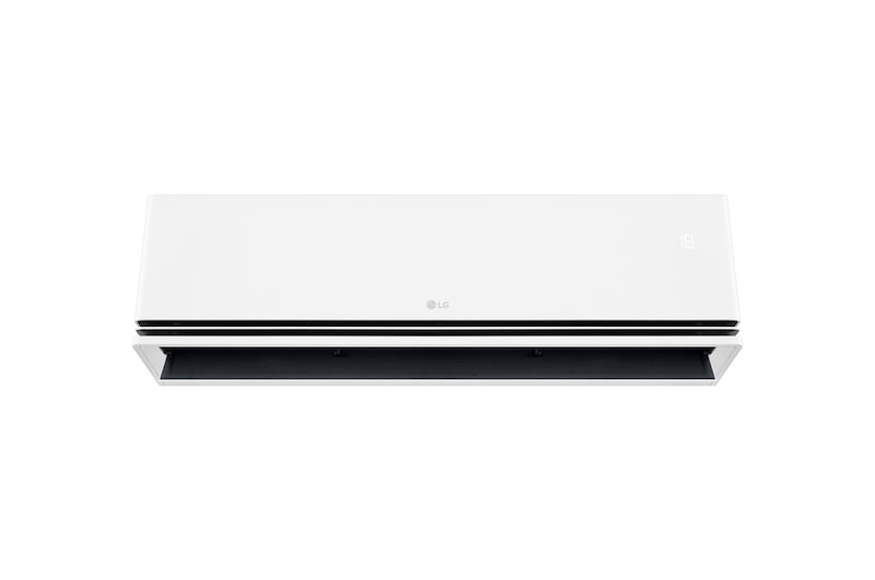 Front view of an LG air conditioner with the lower vane open