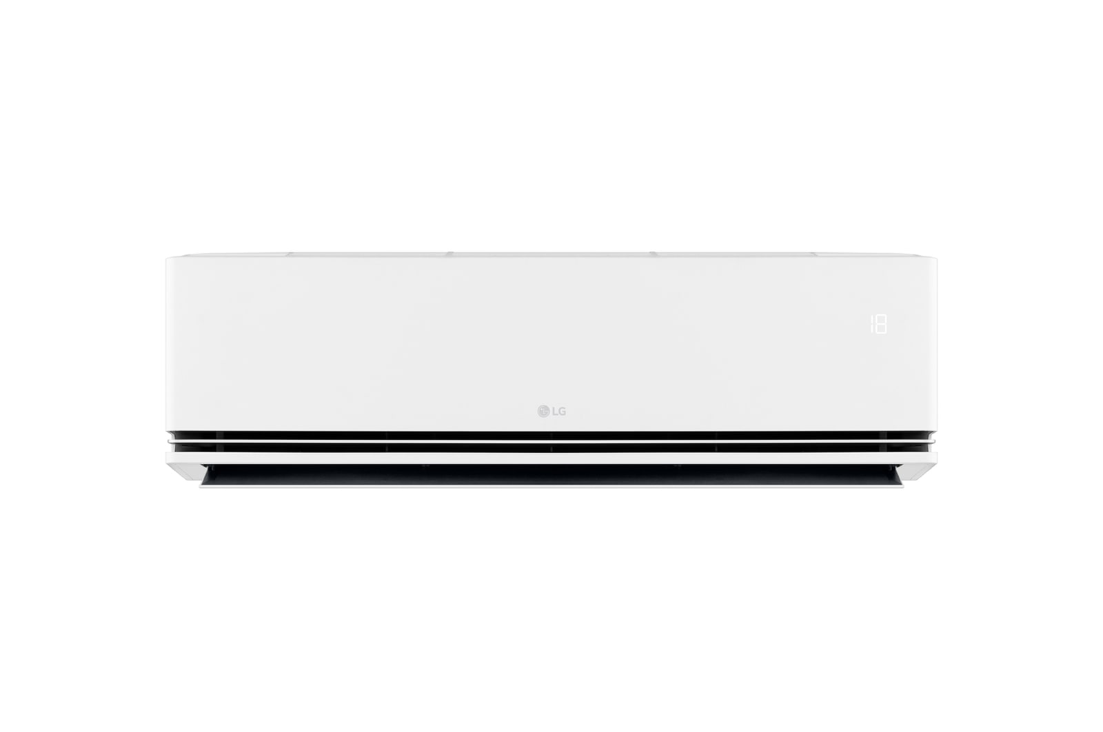 Front view of an LG air conditioner with the lower vanes slightly open