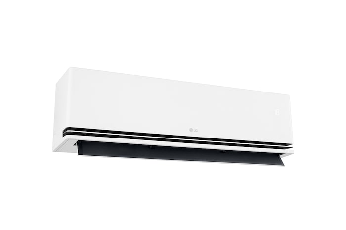 Angled right-side view of an LG air conditioner with the lower vane fully open and the temperature display showing 18°C