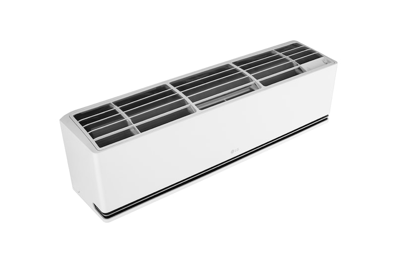 Top angled view of an LG wall-mounted air conditioner with the top cover open, revealing internal vents and components.