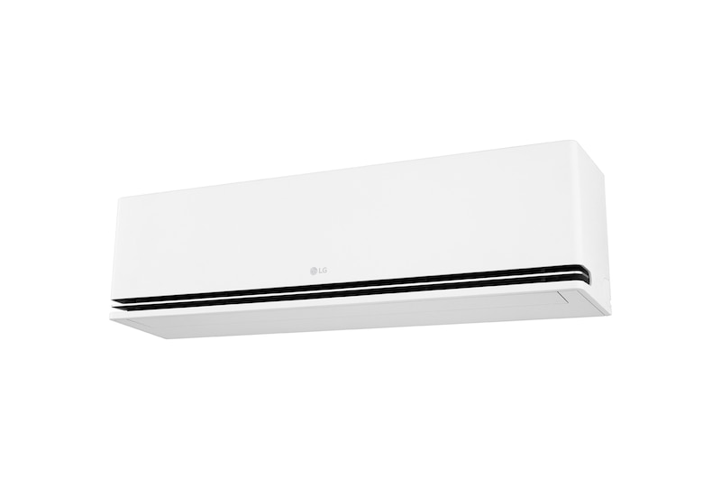 Angled left-side view of an LG air conditioner with the lower vane closed