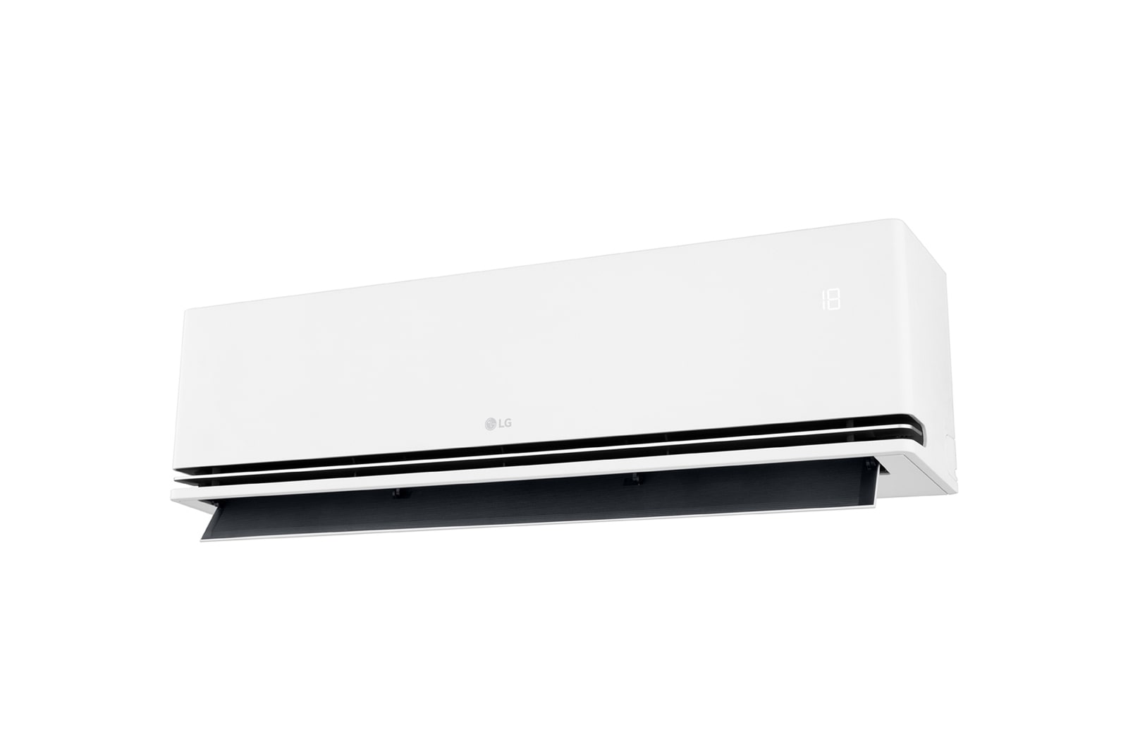 Angled left-side view of an LG air conditioner with the lower vane fully open
